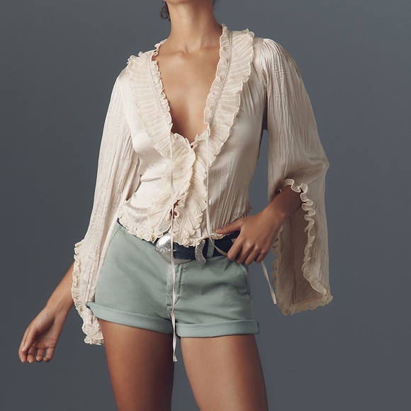 Anthropologie Tops - Anthropologie Cream Ruffle-Trim Tie Front Blouse